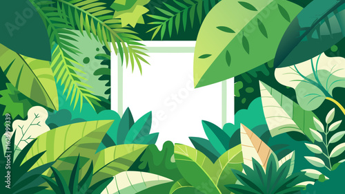 Vector art of vibrant green jungle foliage with a white frame in the center, showcasing lush tropical leaves and plants in a dense, natural environment