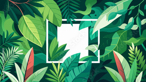 Vector art of lush green tropical jungle foliage with a white square frame in the center, creating a vibrant natural background with exotic plants