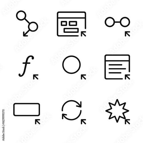 Drag-and-Drop Icons Set. Outline icon set of drag and drop programming: drag node, drag block, drag connector, drag function, drag