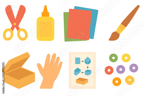 Kids Craft Kit. Flat vector mini-illustrations unpacking a craft kit in colors children's illustrations: scissors, glue bottle,