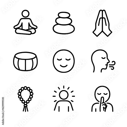 Sanctuary Icon Set. Outline icon set of sanctuary meditation and peace: lotus pose, zen stones, meditation cushion, praying hands,