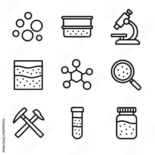 Sand Science Icons. Outline icon set of sand measurement and science: sand grain size, sieve, microscope, sediment layers, sand