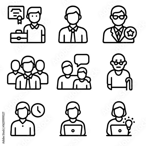 Career Stages Icons. Outline icon set of career stages: internship, junior employee, senior staff, management,