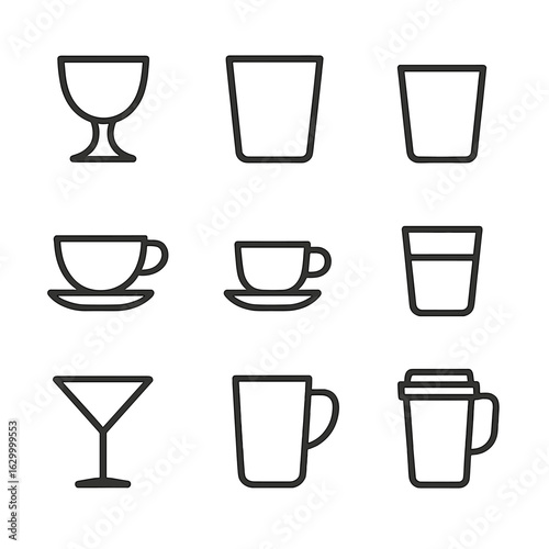 Drinkware Icon Set. Outline icon set of drinkware types: chalice, tumbler, pint glass, shot glass, tea cup, espresso cup, juice