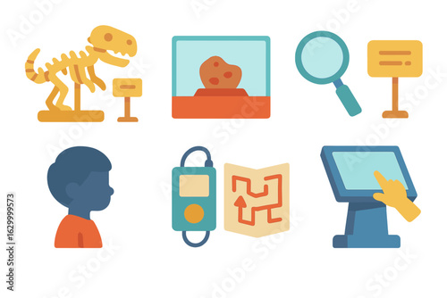 Kids' Museum Artifacts. Flat vector mini-illustrations museum exhibit exploration in colors children's illustrations: dinosaur