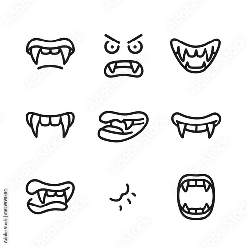 Fang Icon Expressions. Outline icon set of fang expressions and emotions: snarling mouth, angry face, scary grin, threatening