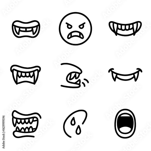 Fang Icon Expressions. Outline icon set of fang expressions and emotions: snarling mouth, angry face, scary grin, threatening