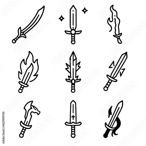 Fantasy Sword Icon Set. Outline icon set of sword in fantasy and culture: elven sword, magic sword, cursed blade, flame sword, ice