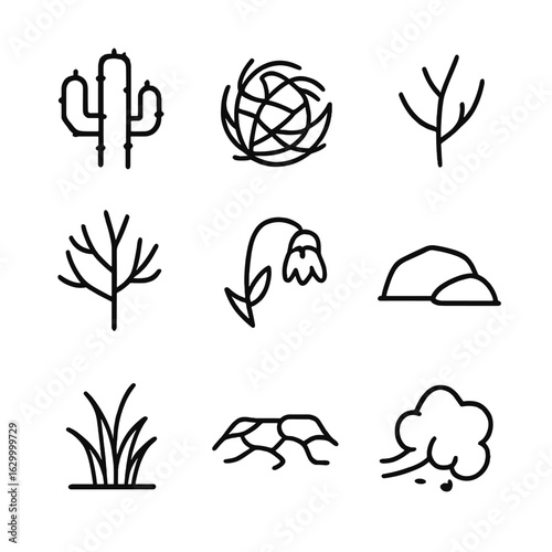 Dry Plant Icons. Outline icon set of dry plants and nature: cactus, tumbleweed, dry twig, bare tree, dried flower, desert rock,