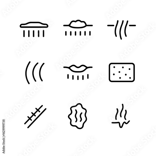 Scar Types Icon Set. Outline icon set of scar types: hypertrophic scar, keloid, atrophic scar, stretch mark, contracture scar,