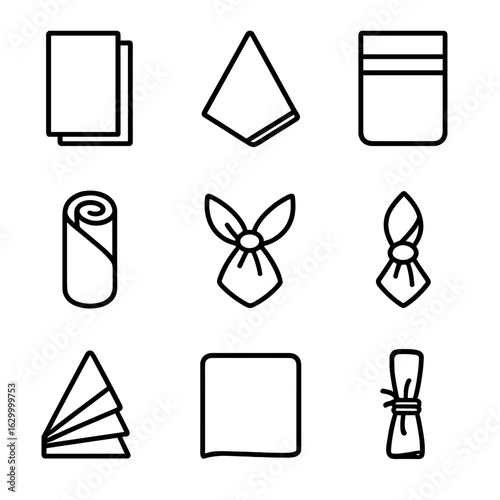 Casual Napkin Fold Icons. Outline icon set of casual napkin folds: simple fold, triangle fold, pocket fold,