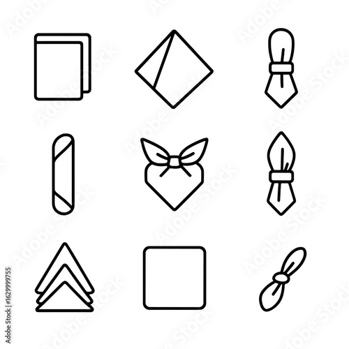 Casual Napkin Fold Icons. Outline icon set of casual napkin folds: simple fold, triangle fold, pocket fold,