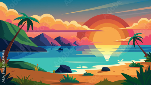 Vector art of idyllic tropical island beach at sunset, featuring a glowing sun, colorful sky, calm sea, and lush palm trees