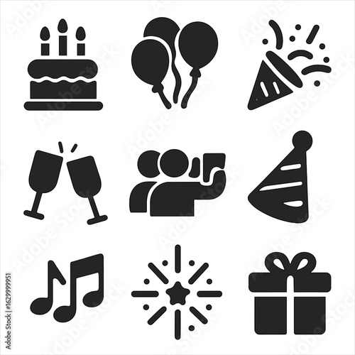 Celebration Icons Grid. Solid, filled icons set of celebrating milestones with friends: birthday cake, party