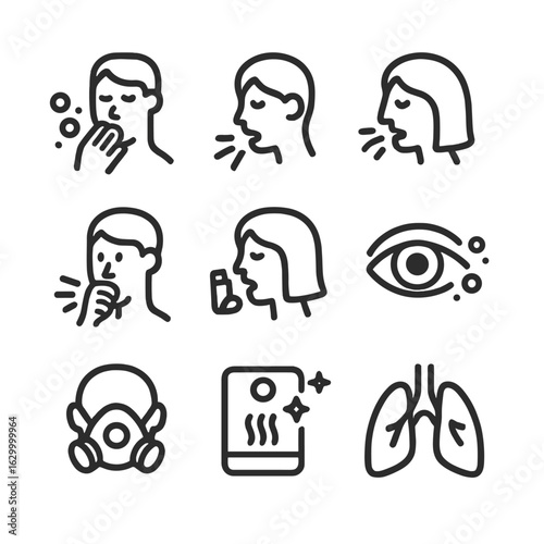 Dust Health Icons. Outline icon set of dust health effects: allergy, sneezing, coughing, asthma, eye irritation, respiratory mask,