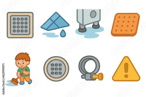 Laundry and Finance Icons. Flat vector mini-illustrations laundry room drainage solutions in colors children's illustrations: