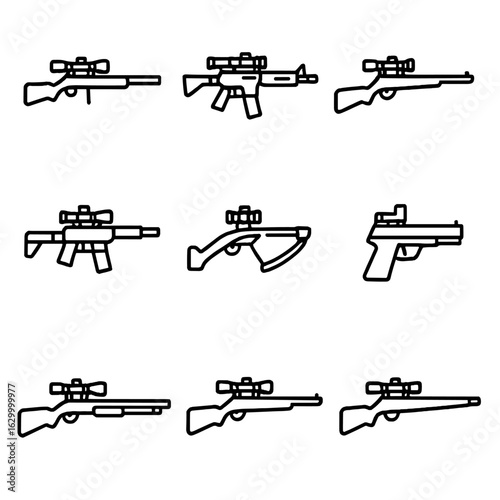 Scope Icon Set. Outline icon set of scope mounted weapons: sniper rifle, assault rifle, hunting rifle, airsoft gun, crossbow,