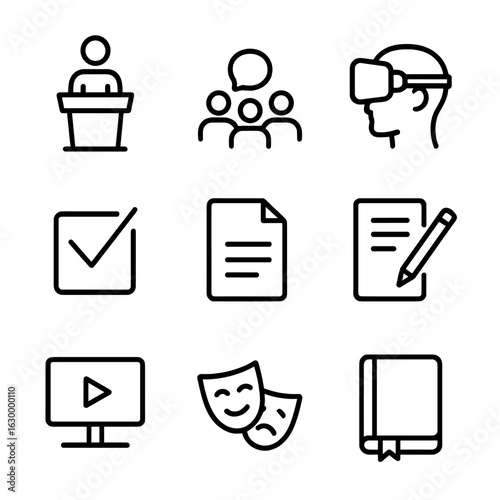 Learning Activity Icons. Outline icon set of learning activities: lecture podium, group discussion, simulation VR headset, quiz