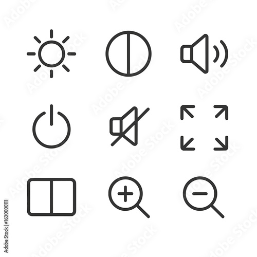 Screen Control Icons. Outline icon set of screen controls: brightness, contrast, volume, power button, mute, fullscreen, split