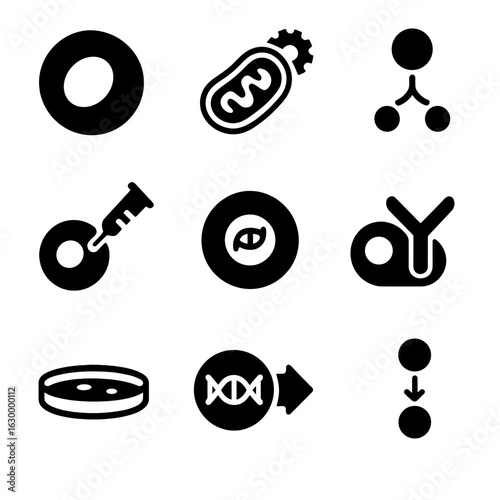 Cellular Engineering Icons. Solid, filled icons set of cellular engineering: cell nucleus, engineered
