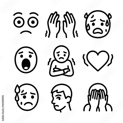 Fear Expression Icons. Outline icon set of fear expressions: wide eyes, trembling hands, sweating face, open mouth scream,