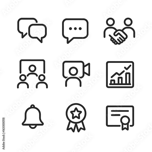 Learner Engagement Icons. Outline icon set of learner engagement features: forum discussion, chat message, peer review handshake,
