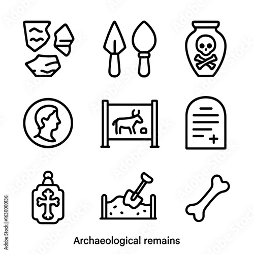 Archaeological Icons Set. Outline icon set of archaeological remains: pottery shards, ancient tools, burial urn, coin, wall