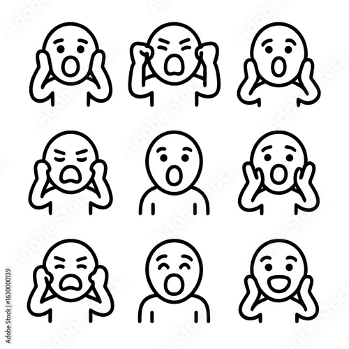 Scream Emotions Icons. Outline icon set of scream emotions: terror, rage, agony, surprise, despair, excitement, frustration, joy,