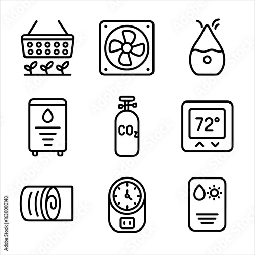 LED Climate Control Icons. Outline icon set of LED lighting and climate control: LED grow light panel, air circulation fan,