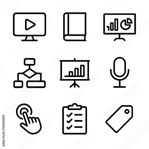 Learning Resources Icons Grid. Outline icon set of learning resources: video tutorial play, handbook book, infographic chart,