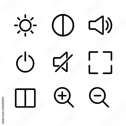Screen Control Icons. Outline icon set of screen controls: brightness, contrast, volume, power button, mute, fullscreen, split