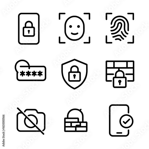 Screen Security Icons. Outline icon set of screen security: lock screen, face recognition, fingerprint scanner, password input,