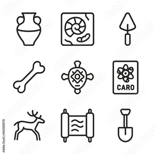 Archaeology Icon Set. Outline icon set of archaeological trace: ancient pottery, fossil, excavation tool, bone fragment, artifact,