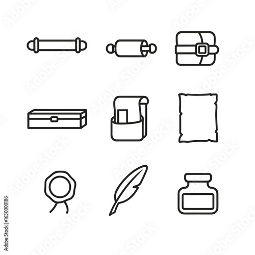 Icon Set_ Scroll Accessories. Outline icon set of scroll accessories: wooden rod, metal rod, leather strap, scroll box, scroll