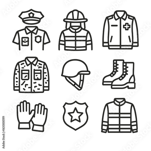 Duty Call Uniforms Icons. Outline icon set of duty call uniforms: police uniform, firefighter suit, paramedic outfit, military