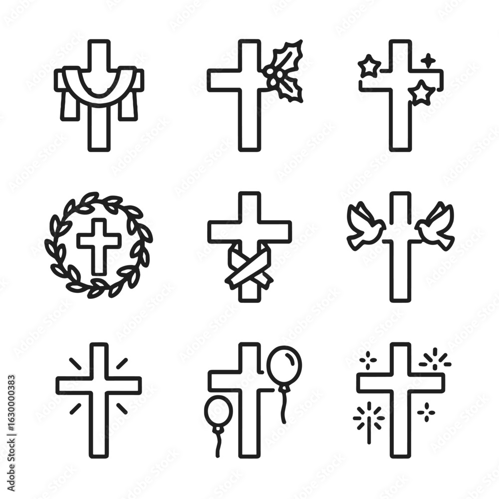 Obraz premium Festive Cross Icon Set. Outline icon set of festive crosses: Easter cross, Christmas cross, decorated cross, glowing cross, floral