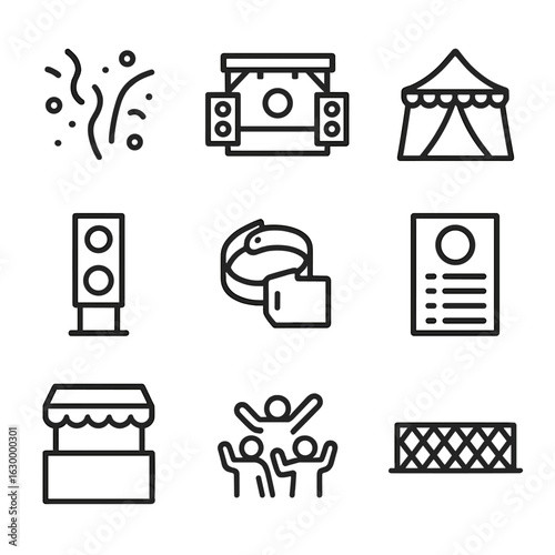 Festival Icon Set. Outline icon set of festival stage: confetti burst, main stage icon, side tent, sound tower, wristband tag,