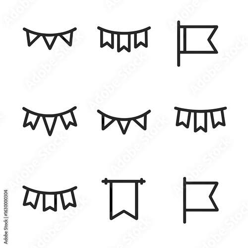 Festival Flag Icons. Outline icon set of festival and decorative flags: triangular bunting flag, pennant garland, ceremonial flag,