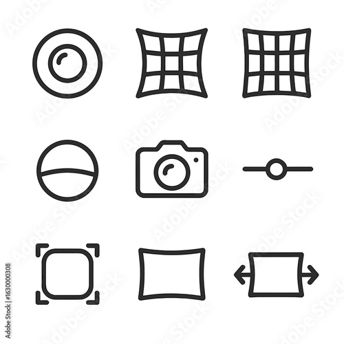 Lens Distortion Icons. Outline icon set of lens distortion filters: fisheye lens outline, barrel distortion grid, pincushion
