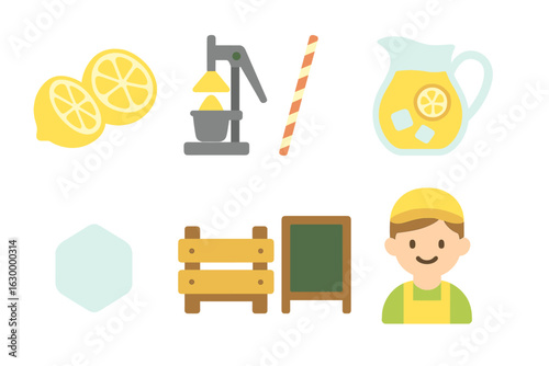 Lemonade Stand Illustrations. Flat vector mini-illustrations freshly squeezed lemonade stand in colors children's illustrations: