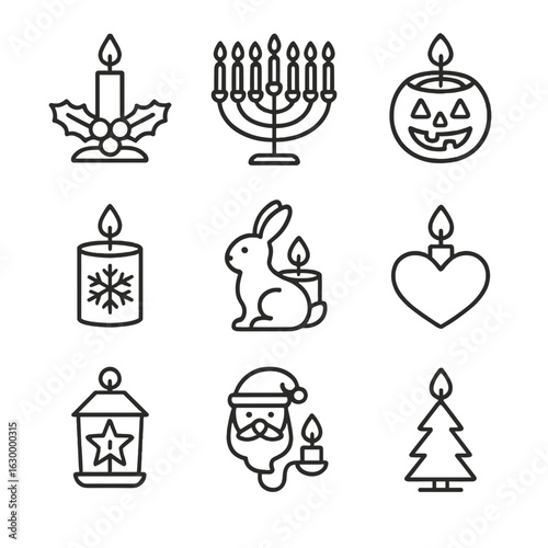 Festive Candleholder Icons. Outline icon set of festive candleholders: Christmas candleholder, menorah, pumpkin tealight holder,