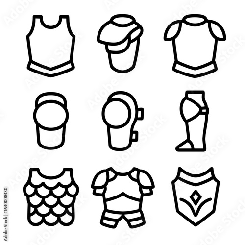 Armor Plates Icon Set. Outline icon set of armor plates: chest plate, shoulder plate, back plate, knee guard, elbow plate, shin