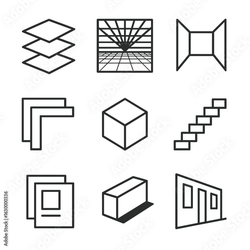 Architectural Icon Set. Outline icon set of architectural depth: layered floor plans, perspective grid, vanishing point, receding