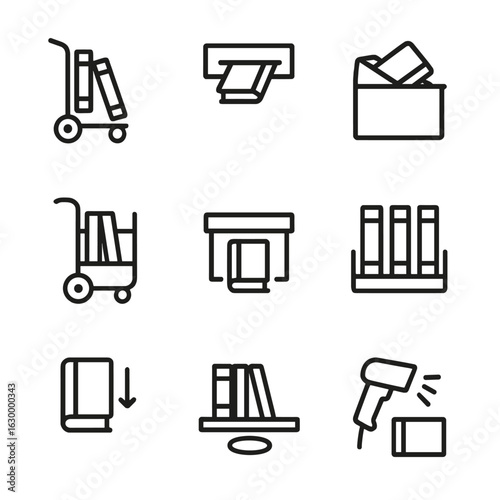 Library Icon Set. Outline icon set of book return and reshelving: return cart, book drop chute, return bin, reshelving trolley,