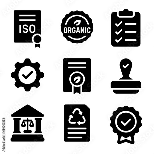 Certification Icon Set. Solid, filled icons set of certification and compliance: ISO certificate, organic seal
