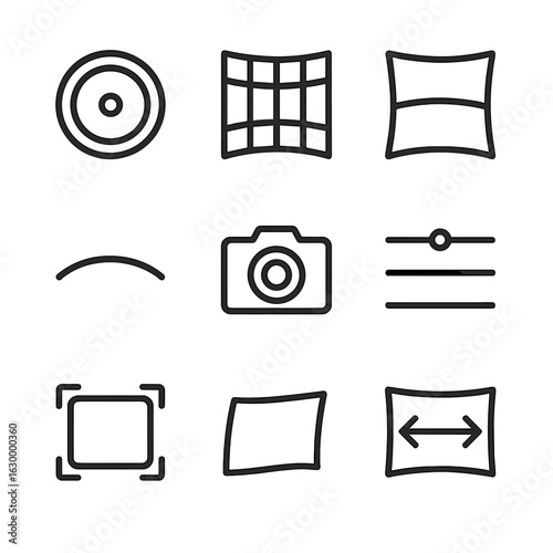 Lens Distortion Icons. Outline icon set of lens distortion filters: fisheye lens outline, barrel distortion grid, pincushion