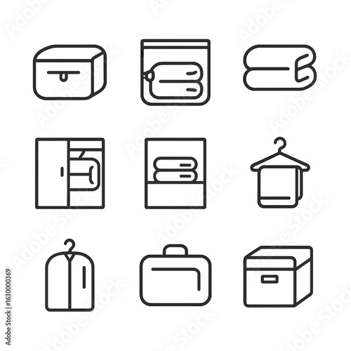 Duvet Storage Line Icons. Outline icon set of duvet storage: storage bag, vacuum bag, folding, closet, shelf, hanger, protective