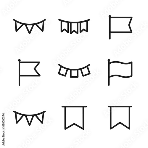 Festival Flag Icons. Outline icon set of festival and decorative flags: triangular bunting flag, pennant garland, ceremonial flag,