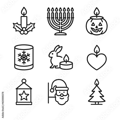 Festive Candleholder Icons. Outline icon set of festive candleholders: Christmas candleholder, menorah, pumpkin tealight holder,