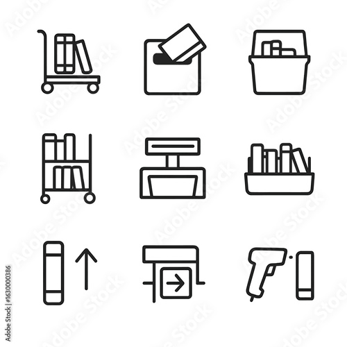 Library Icon Set. Outline icon set of book return and reshelving: return cart, book drop chute, return bin, reshelving trolley,